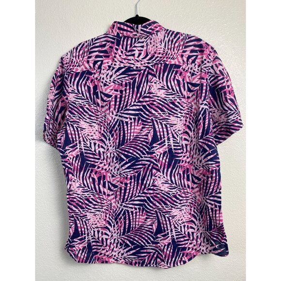 Club Room Linen Button Up Shirt Mens size Large Blue Pink Palm Hawaiian Vacation - Picture 2 of 11
